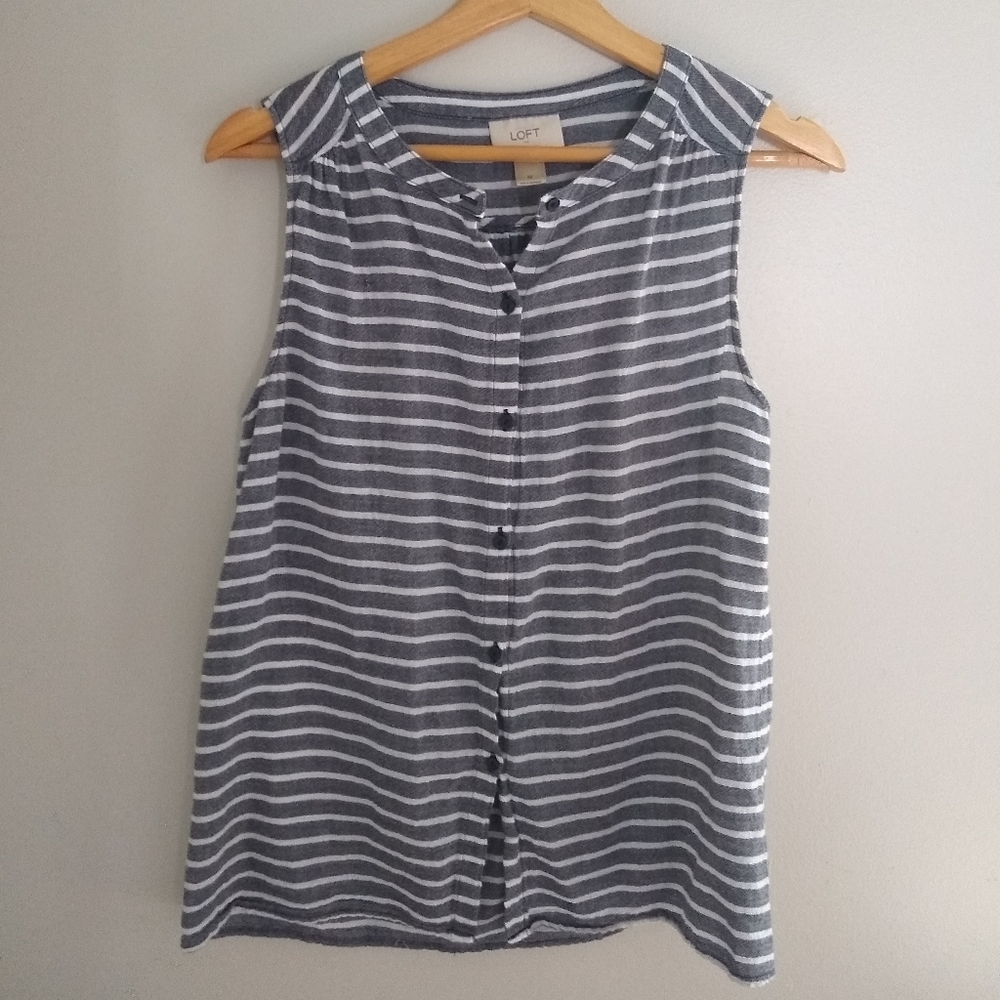 LOFT Striped Linen Sleeveless Button Top